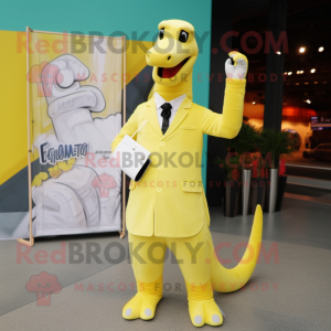 Lemon Yellow Brachiosaurus mascot costume character dressed with a Dress Shirt and Clutch bags