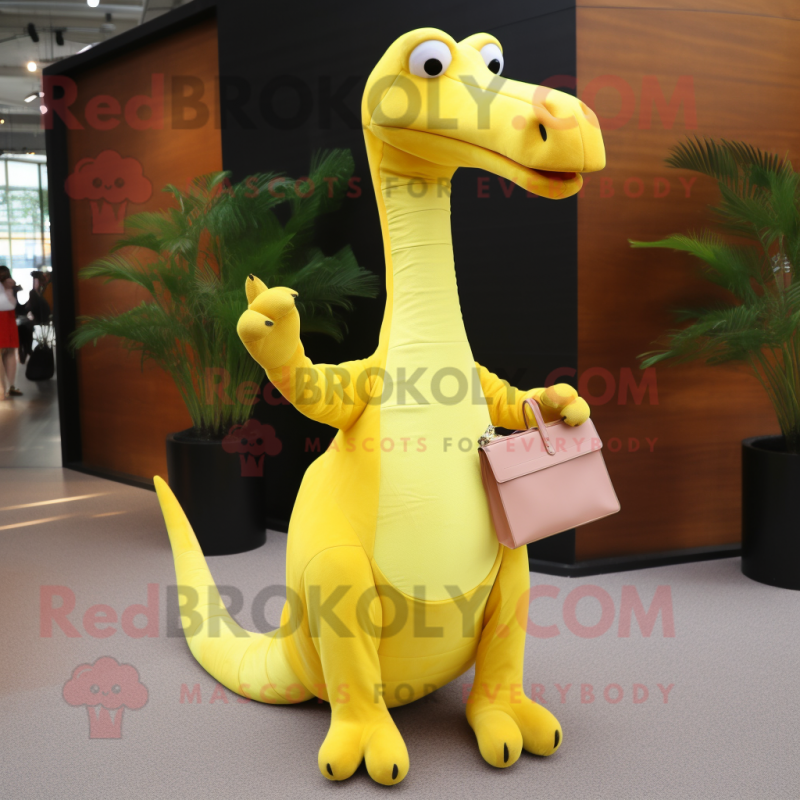 Lemon Yellow Brachiosaurus mascot costume character dressed with a Dress Shirt and Clutch bags