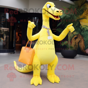 Lemon Yellow Brachiosaurus mascot costume character dressed with a Dress Shirt and Clutch bags