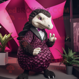 Magenta Pangolin mascot costume character dressed with a Tuxedo and Bracelets