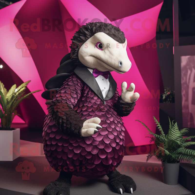 Magenta Pangolin mascot costume character dressed with a Tuxedo and Bracelets