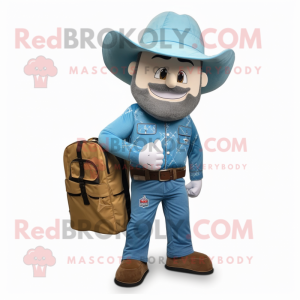 Sky Blue Cowboy mascot costume character dressed with a Jumpsuit and Backpacks