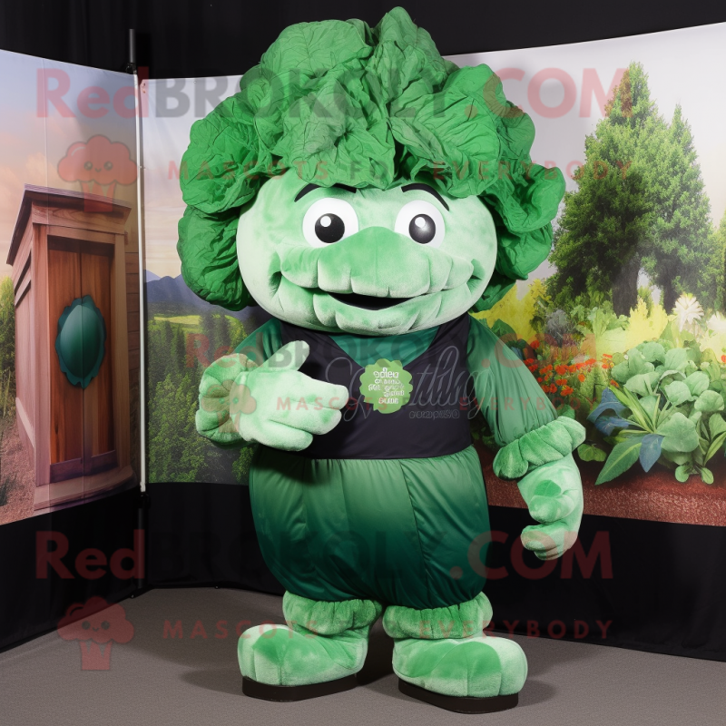 Forest Green Cauliflower mascot costume character dressed with a Graphic Tee and Tie pins Forest Green Cauliflower mascot costume character dressed with a Graphic Tee and Tie pins