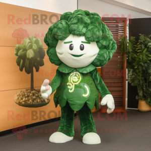 Forest Green Cauliflower mascot costume character dressed with a Graphic Tee and Tie pins