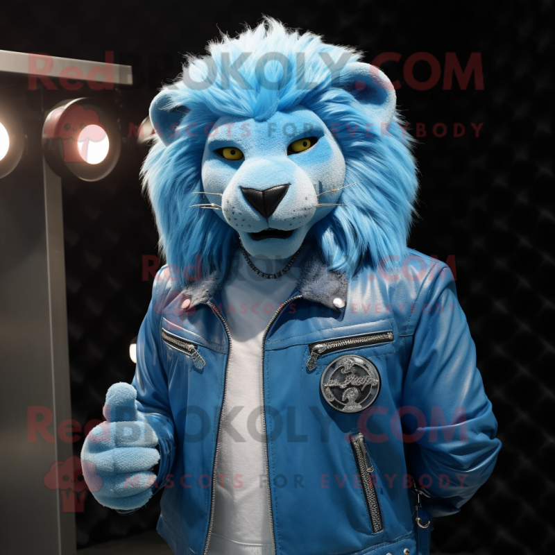 Sky Blue Lion mascot costume character dressed with a Leather Jacket and Necklaces