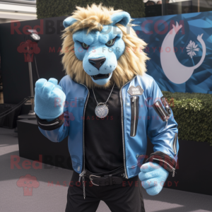 Sky Blue Lion mascot costume character dressed with a Leather Jacket and Necklaces