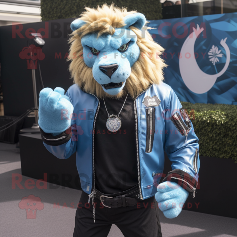 Sky Blue Lion mascot costume character dressed with a Leather Jacket and Necklaces