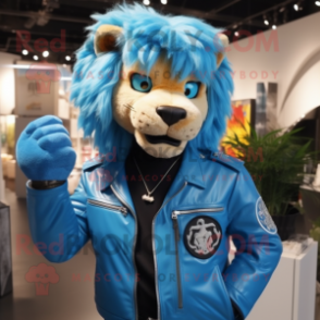 Sky Blue Lion mascot costume character dressed with a Leather Jacket and Necklaces