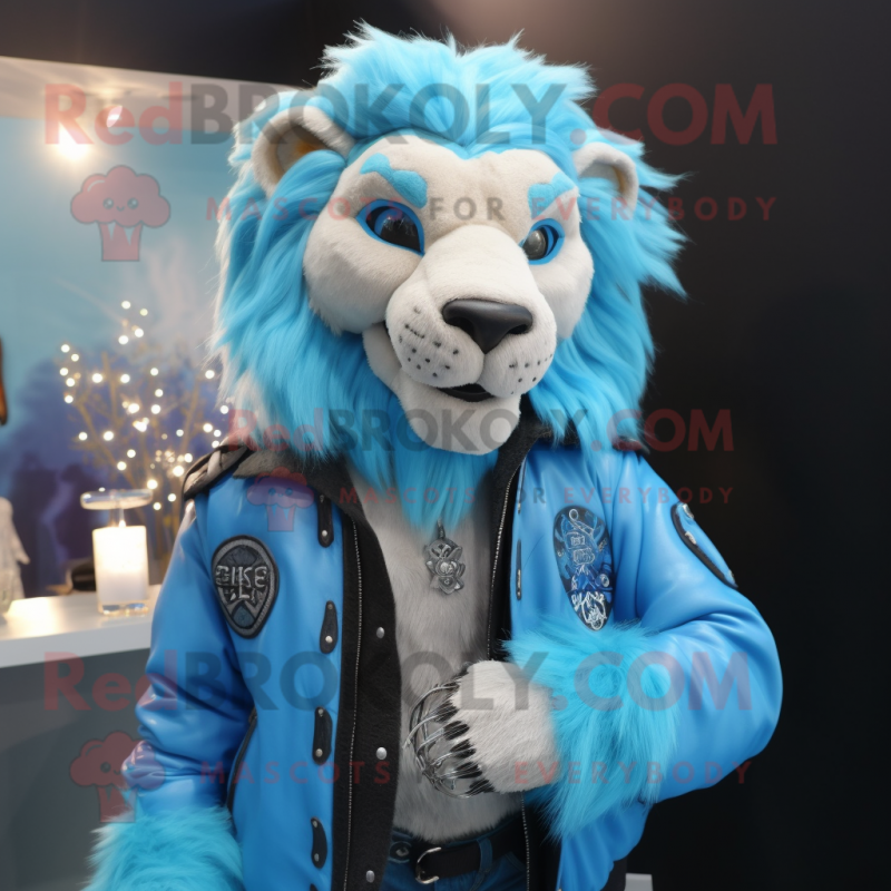 Sky Blue Lion mascot costume character dressed with a Leather Jacket and Necklaces Sky Blue Lion mascot costume character dressed with a Leather Jacket and Necklaces