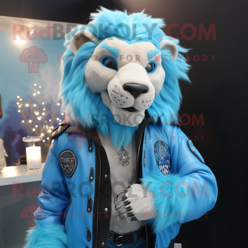 Sky Blue Lion mascot costume character dressed with a Leather Jacket and Necklaces