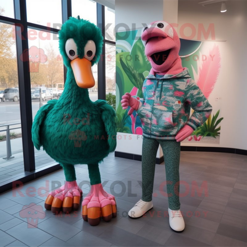 Forest Green Flamingo mascot costume character dressed with a Sweater and Watches