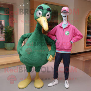 Forest Green Flamingo mascot costume character dressed with a Sweater and Watches