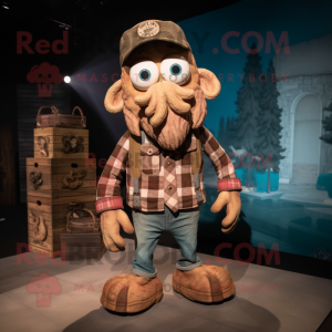 Tan Kraken mascot costume character dressed with a Flannel Shirt and Brooches