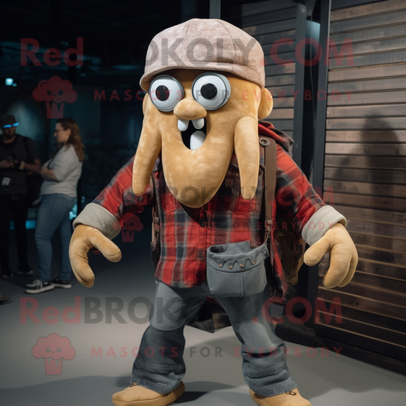 Tan Kraken mascot costume character dressed with a Flannel Shirt and Brooches Tan Kraken mascot costume character dressed with a Flannel Shirt and Brooches