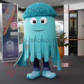 Teal Jellyfish mascot costume character dressed with a Bootcut Jeans and Ties