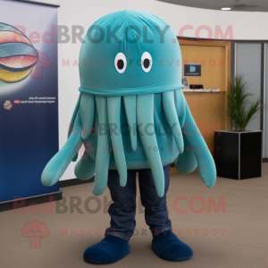 Teal Jellyfish mascot costume character dressed with a Bootcut Jeans and Ties