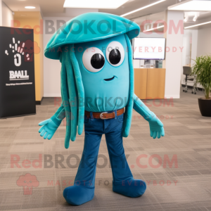 Teal Jellyfish mascot costume character dressed with a Bootcut Jeans and Ties