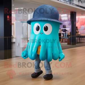 Teal Jellyfish mascot costume character dressed with a Bootcut Jeans and Ties