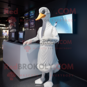 White Goose mascot costume character dressed with a Midi Dress and Rings