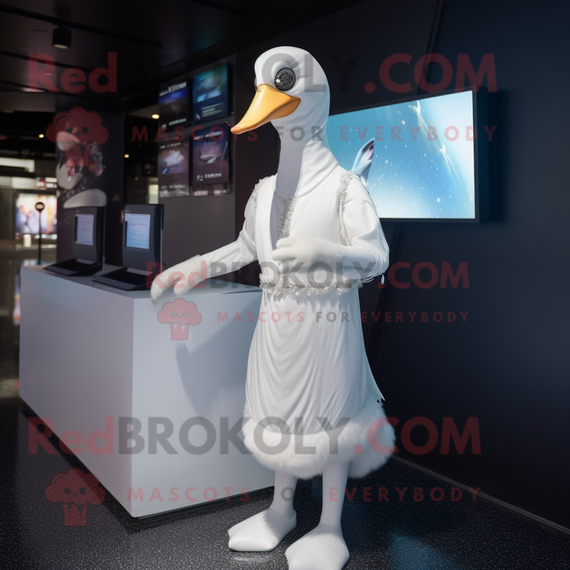 White Goose mascot costume character dressed with a Midi Dress and Rings White Goose mascot costume character dressed with a Midi Dress and Rings