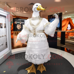 White Goose mascot costume character dressed with a Midi Dress and Rings