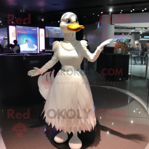 White Goose mascot costume character dressed with a Midi Dress and Rings
