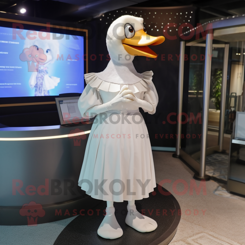 White Goose mascot costume character dressed with a Midi Dress and Rings