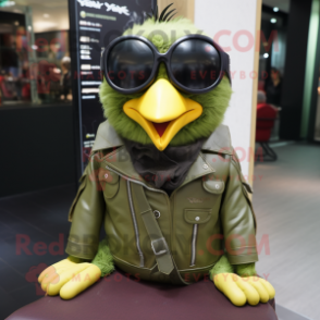 Olive Canary mascot costume character dressed with a Leather Jacket and Eyeglasses