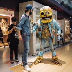 Gold Undead mascot costume character dressed with a Denim Shorts and Watches