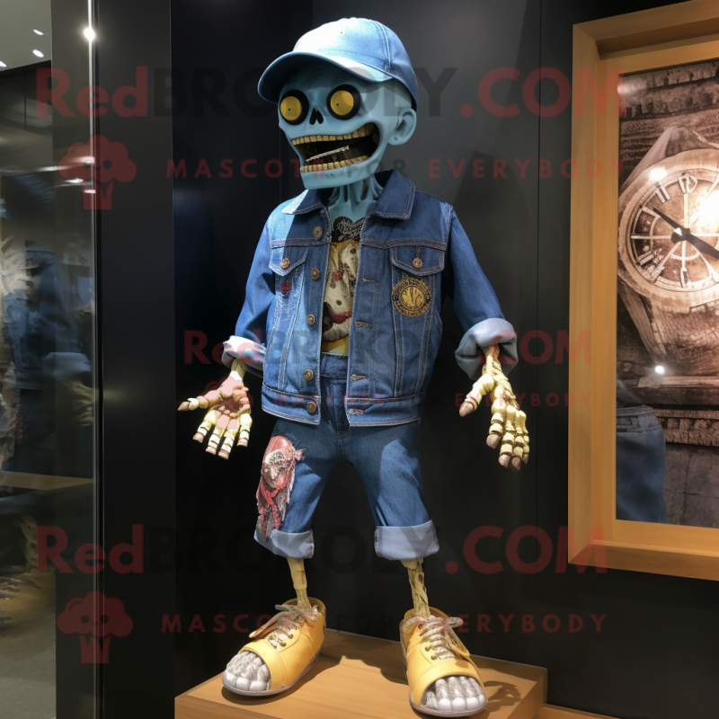 Gold Undead mascot costume character dressed with a Denim Shorts and Watches