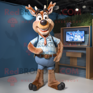 Brown Reindeer mascot costume character dressed with a Denim Shorts and Ties