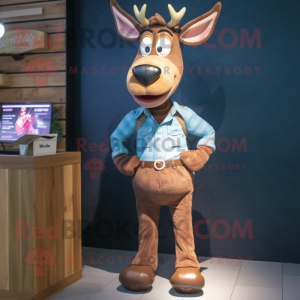 Brown Reindeer mascot costume character dressed with a Denim Shorts and Ties