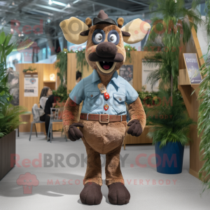 Brown Reindeer mascot costume character dressed with a Denim Shorts and Ties