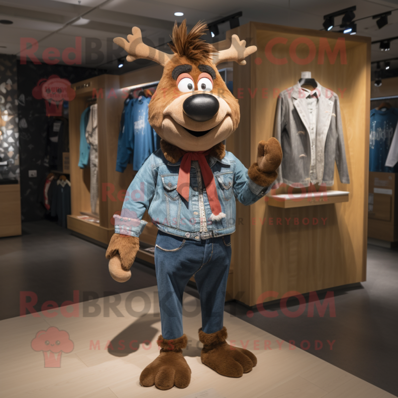 Brown Reindeer mascot costume character dressed with a Denim Shorts and Ties Brown Reindeer mascot costume character dressed with a Denim Shorts and Ties