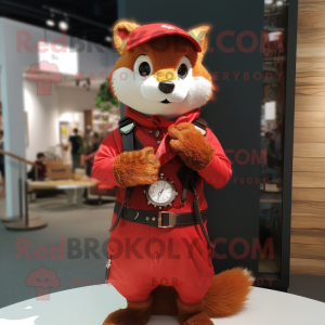 Red Weasel mascot costume character dressed with a Waistcoat and Bracelet watches