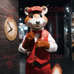 Red Weasel mascot costume character dressed with a Waistcoat and Bracelet watches