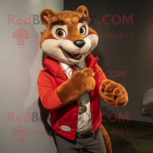 Red Weasel mascot costume character dressed with a Waistcoat and Bracelet watches