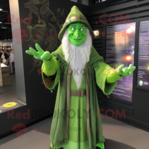 Lime Green Wizard mascot costume character dressed with a Dress Shirt and Bracelets