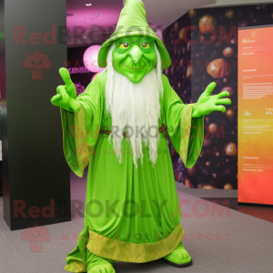 Lime Green Wizard mascot costume character dressed with a Dress Shirt and Bracelets