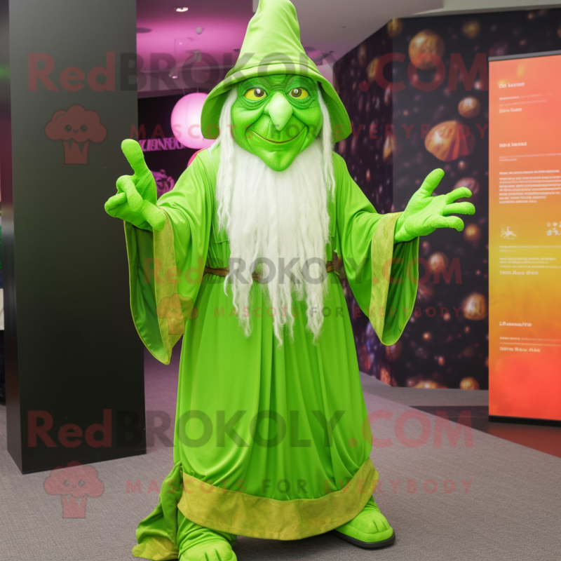 Lime Green Wizard mascot costume character dressed with a Dress Shirt and Bracelets