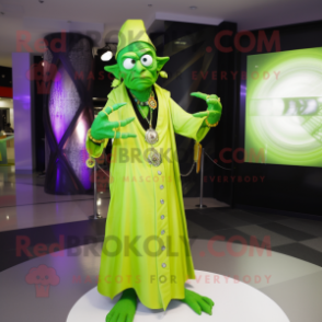 Lime Green Wizard mascot costume character dressed with a Dress Shirt and Bracelets