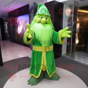 Lime Green Wizard mascot costume character dressed with a Dress Shirt and Bracelets
