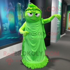 Lime Green Ice mascot costume character dressed with a Wrap Dress and Wraps