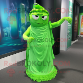 Lime Green Ice mascot costume character dressed with a Wrap Dress and Wraps