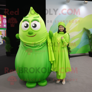 Lime Green Ice mascot costume character dressed with a Wrap Dress and Wraps