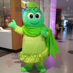 Lime Green Ice mascot costume character dressed with a Wrap Dress and Wraps