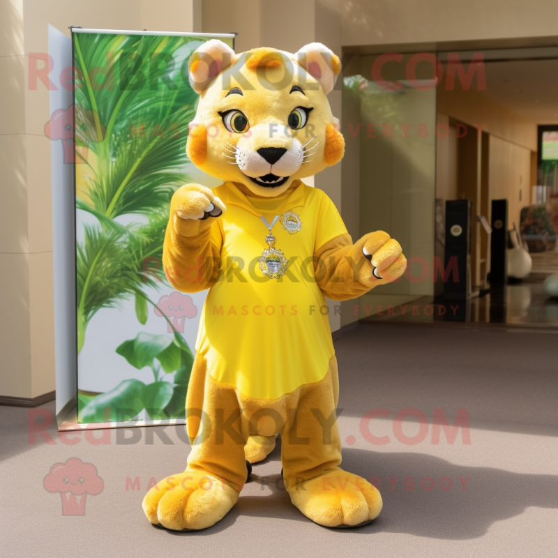 Lemon Yellow Mountain Lion mascot costume character dressed with a Mini Dress and Earrings