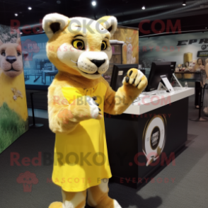 Lemon Yellow Mountain Lion mascot costume character dressed with a Mini Dress and Earrings