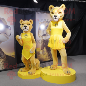 Lemon Yellow Mountain Lion mascot costume character dressed with a Mini Dress and Earrings
