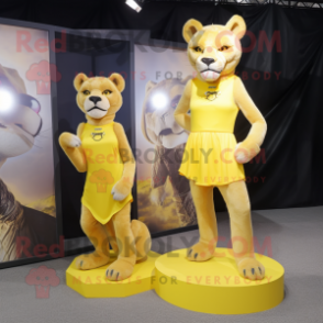 Lemon Yellow Mountain Lion mascot costume character dressed with a Mini Dress and Earrings